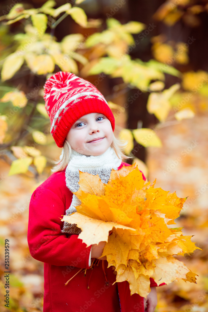 little girl 4 years old in a red hat and coat walking in autumn park in October, during the golden autumn with a bouquet of yellow maple leaves smiling little girl 4 years old in a red hat and coat walking in autumn park in October, during the golden autumn with a bouquet of yellow maple leaves smiling