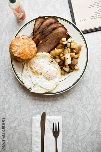 Overhead view of breakfast served on plate