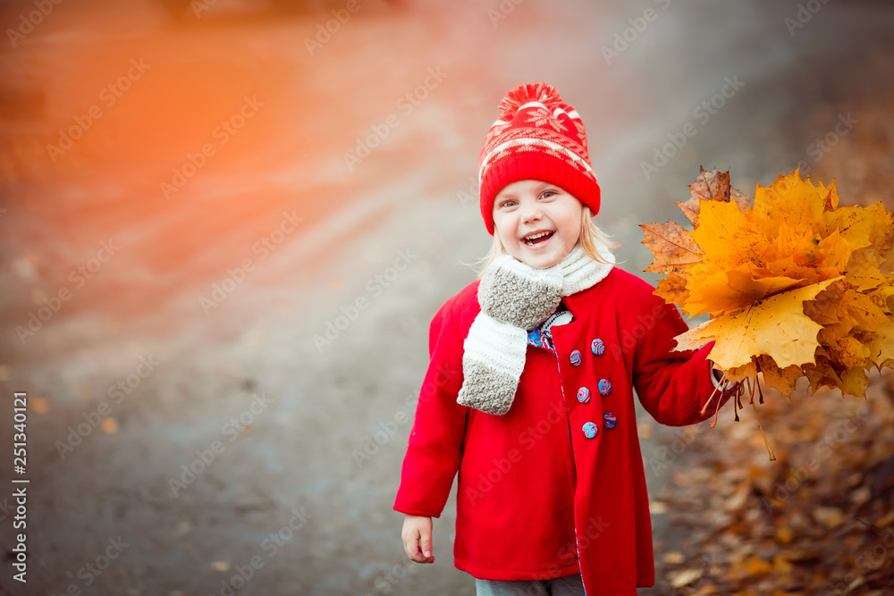 Obraz premium little girl 4 years old in a red hat and coat walking in autumn park in October, during the golden autumn with a bouquet of yellow maple leaves smiling