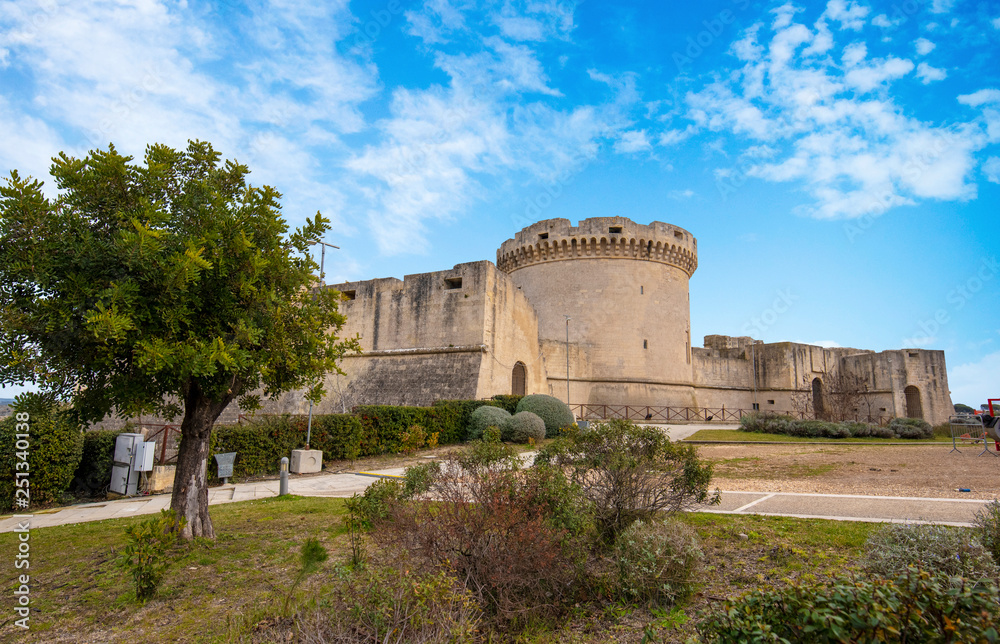 Ruins of medieval old Tramontano Castle ( Castello ) of Matera,  Basilicata, Italy under blue sky.  Fortress in Unesco heritage site city, capital of European culture 2019