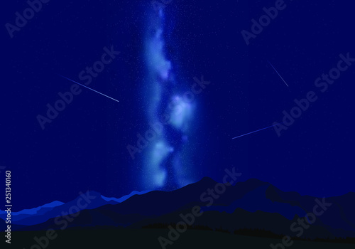 Night sky stars with milky way on mountain background. Vector