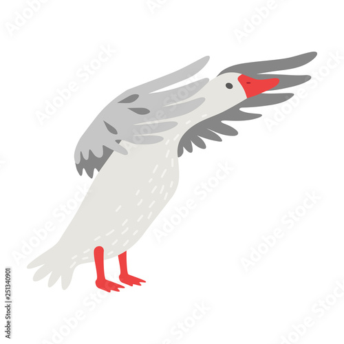 Cute White Goose Cartoon Character Flapping Its Gray Wings Vector Illustration