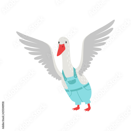 Cute White Goose Cartoon Character Flapping Its Wings Wearing Denim Overalls Vector Illustration