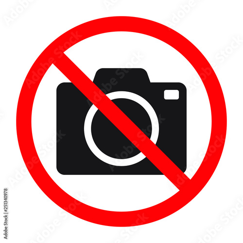 No cameras allowed sign. Red prohibition no camera sign. No taking pictures, no photographs sign.