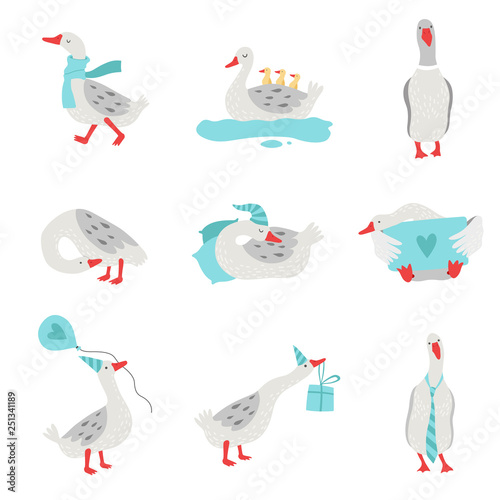 Collection of White Geese in Different Situations, Cute Birds Cartoon Characters Vector Illustration