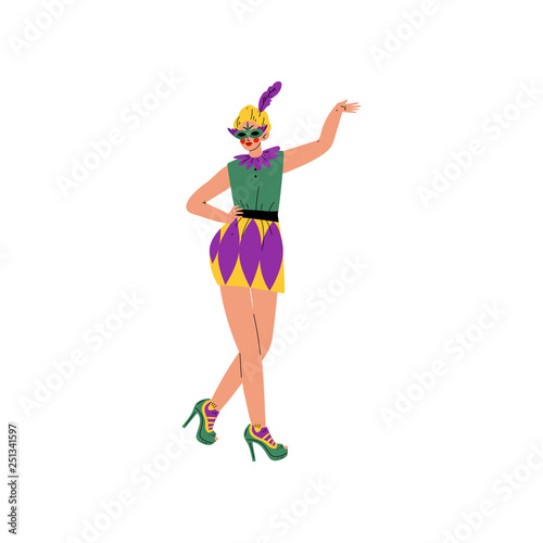 Beautiful Woman in Bright Traditional Mardi Gras Costume and Mask Celebrating Carnival Party Vector Illustration