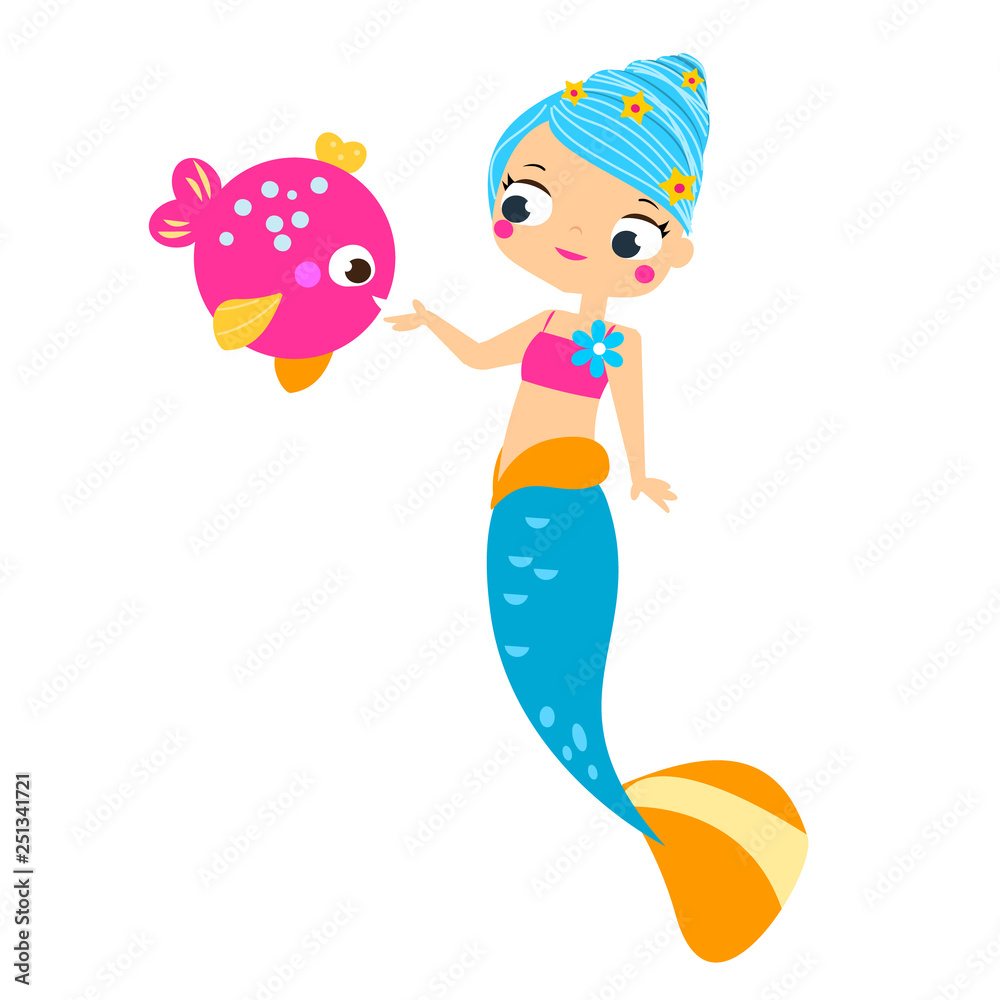 Cute mermaid feed fish. Cartoon vector illustration Cute mermaid feed fish. Cartoon vector illustration