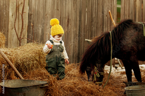 Small boy and the pony (the horse) on the farm photo