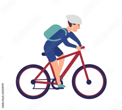 Cheerful boy in helmet riding bike. Smiling sportsman on bicycle isolated on white background. Happy male bicyclist taking part in sports race. Colorful vector illustration in flat cartoon style.