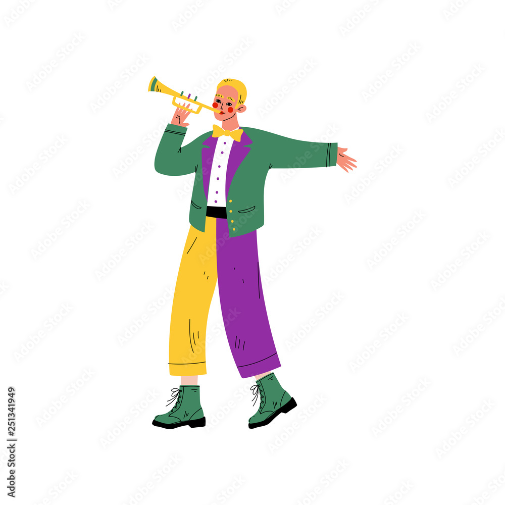 Young Man in Bright Traditional Mardi Gras Costume Playing Trumpet, Guy Celebrating Carnival Party Vector Illustration Young Man in Bright Traditional Mardi Gras Costume Playing Trumpet, Guy Celebrating Carnival Party Vector Illustration