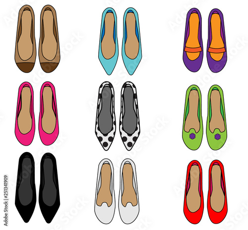Woman shoes top view. Female fashion slippers set. Collection of vector icons