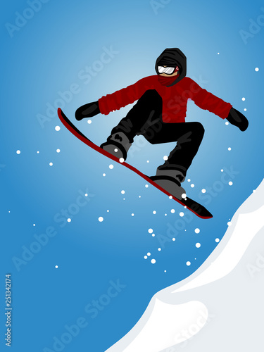 Snowboarder jumping against blue sky.