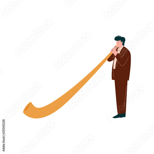 Man Playing Traditional Alpine Horn, Musician Playing Woodwind Instrument Vector Illustration