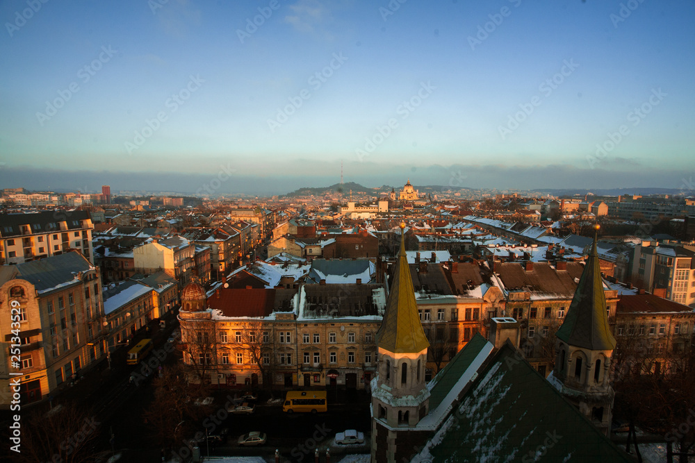 Beautiful cityscape of Lviv in Ukraine at sunset from above.