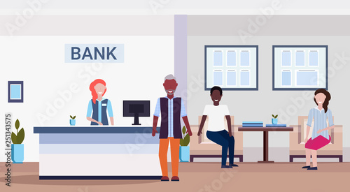 mix race people in queue to specialist at reception counter financial consulting center with waiting room and reception modern bank office interior horizontal flat
