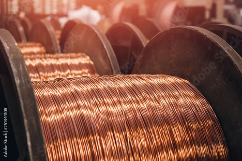 Production of copper wire, bronze cable in reels at factory