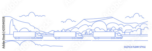 cargo truck trailers driving road highway over mountains landscape background import export logistic transportation concept sketch flow style horizontal