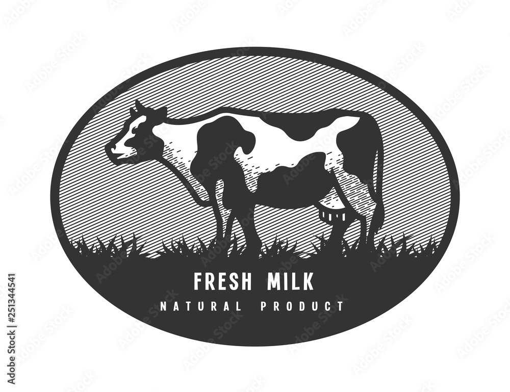 Farm dairy cow. Logo, emblem in engraved style. Stock Vector | Adobe Stock