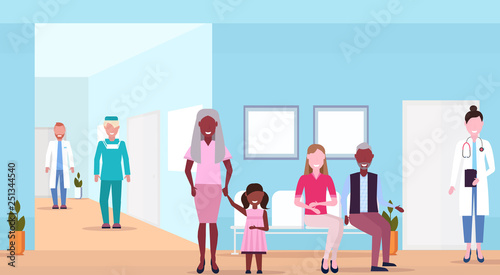 mix race patients and doctors in hospital waiting hall helthcare concept medical clinic corridor interior horizontal flat