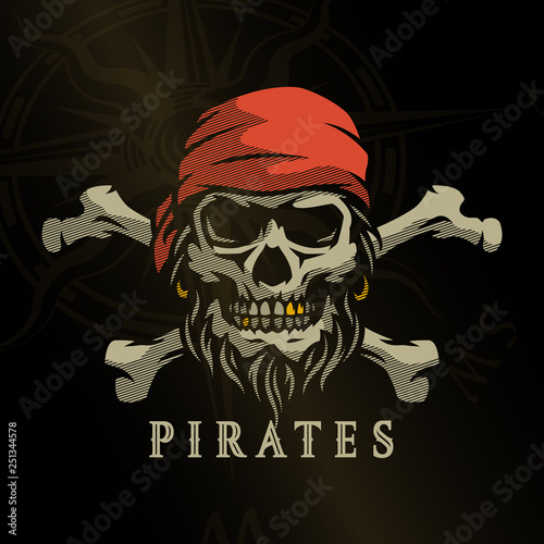 Pirate skull in vintage style. Skeleton head and crossed bones on a dark background.