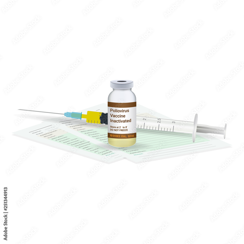 Immunization, Polio Vaccine Medical Test, Vial And Syringe Ready For Injection A Shot Of Vaccine Isolated On A White Background. Vector Illustration. Vaccination Healthcare Concept.