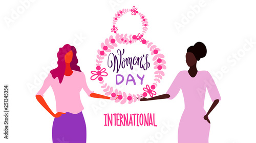 mix race women holding floral wreath international happy 8 march day holiday celebration concept female characters portrait white background horizontal greeting card sketch