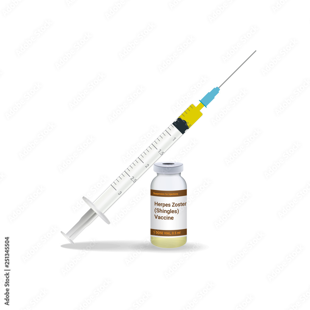 Immunization, Shingles Vaccine Syringe With Yellow Vaccine, Vial Of Medicine Isolated On A White Background. Vector Illustration. Vaccination Healthcare Concept. Immunization, Shingles Vaccine Syringe With Yellow Vaccine, Vial Of Medicine Isolated On A White Background. Vector Illustration. Vaccination Healthcare Concept.