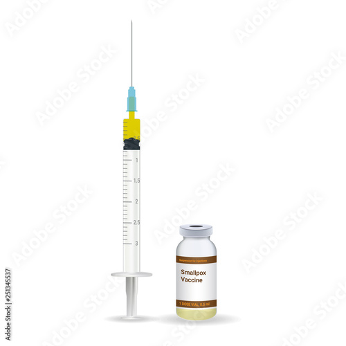 Immunization, Smallpox Vaccine Plastic Medical Syringe With Needle And Vial Isolated On A White Background. Vector Illustration. Vaccination Healthcare Concept.
