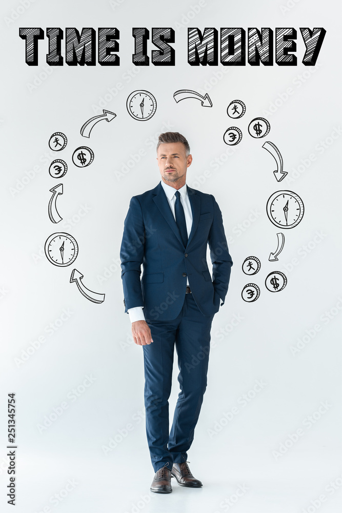 handsome businessman in blue suit standing and looking away isolated on white with finance icons and handsome businessman in blue suit standing and looking away isolated on white with finance icons and