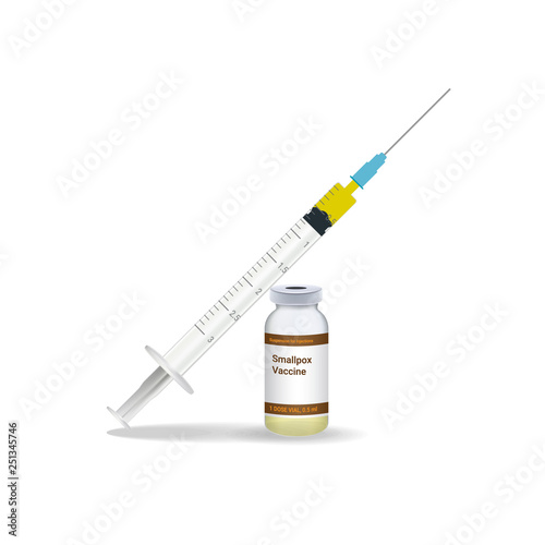 Immunization, Smallpox Vaccine Syringe With Yellow Vaccine, Vial Of Medicine Isolated On A White Background. Vector Illustration. Vaccination Healthcare Concept.