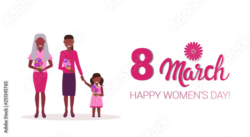 happy three generations women holding flowers international 8 march day celebrating concept african american female cartoon characters full length horizontal greeting card