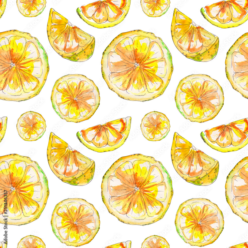 Hand drawn Watercolor lemon seamless pattern.