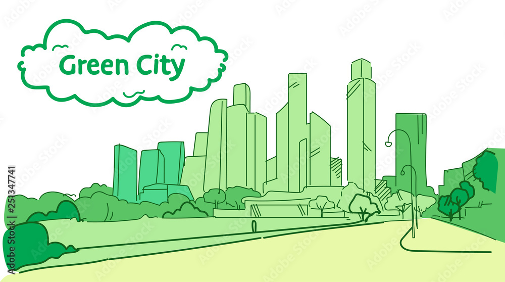 modern green silhouette eco city concept skyscraper cityscape background sketch flow style horizontal