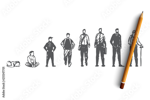Aging, male, boy, man, old, people concept. Hand drawn isolated vector.