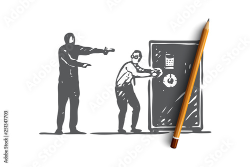 Bank, heist, crime, robbery, thief concept. Hand drawn isolated vector.