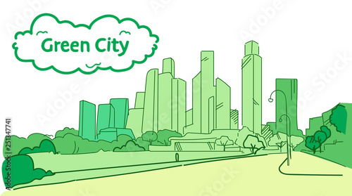 modern green silhouette eco city concept skyscraper cityscape background sketch flow style horizontal