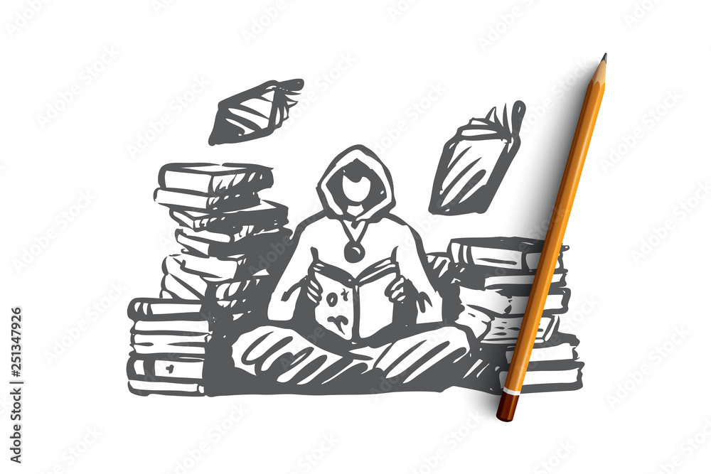 Fototapeta premium Wizard, magic, library, spell, book concept. Hand drawn isolated vector.