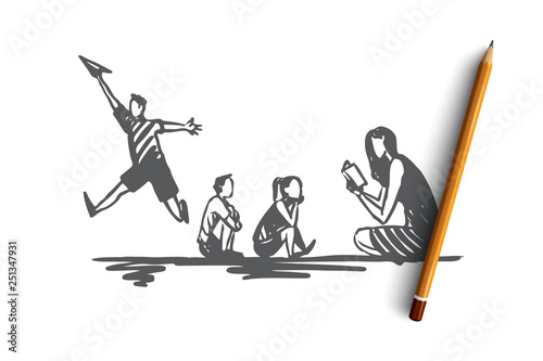 ADHD, kid, deficit, attention, hyperactivity concept. Hand drawn isolated vector.