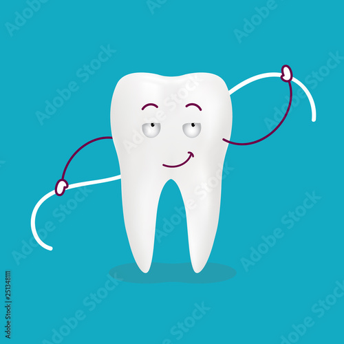 Cute Cartoon Tooth With Dental Floss Isolated On A Background. Vector Illustration. Healthcare Concept.