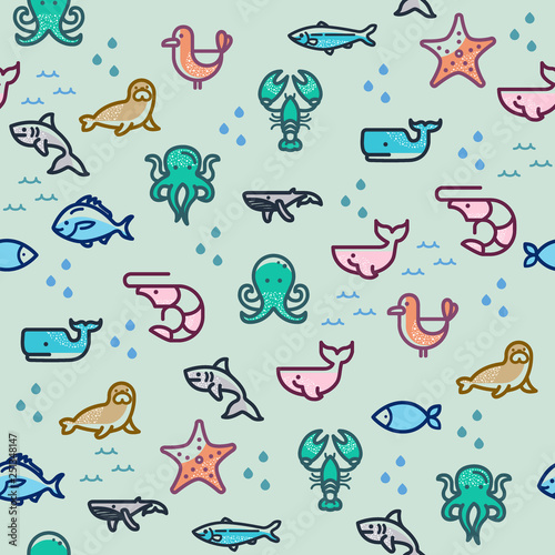 sea life seamless colorful pattern with illustration of fish, seal, whale, shark., seagull, octopus, lobster and more. © yoojin