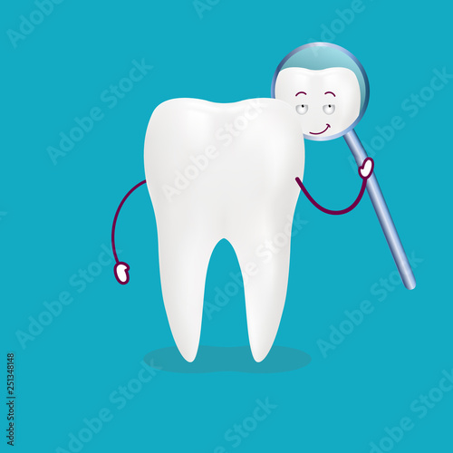 Cute Cartoon Tooth With Inspection Mirror Isolated On A Background. Vector Illustration. Healthcare Concept.
