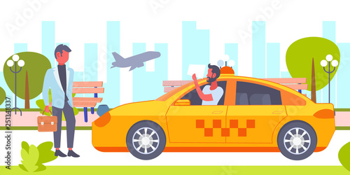 taxi driver with placard meeting businessman client in airport yellow car cab business company service concept cityscape background horizontal