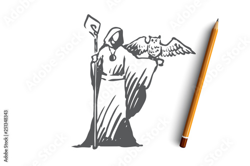 Medium, magician, wizard, owl, costume concept. Hand drawn isolated vector.