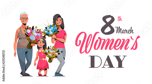 happy three generations women holding bouquet of flowers international 8 march day celebrating concept female cartoon characters full length horizontal greeting card