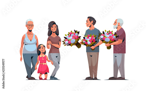 happy multi generation family congratulating women with international 8 march day concept men giving flowers male female characters full length horizontal
