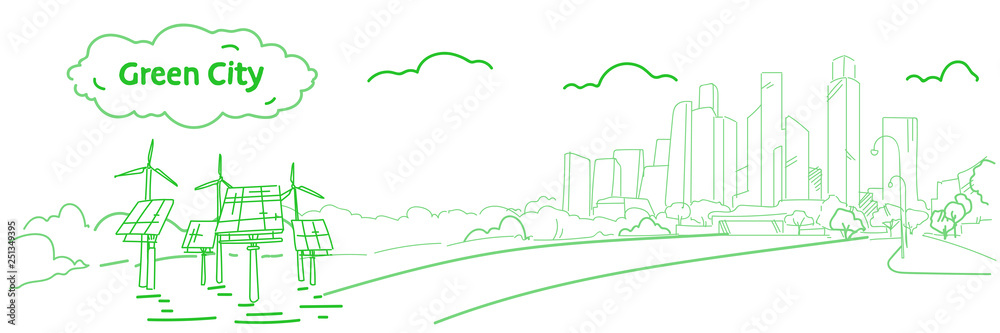 modern eco city with wind turbines and solar panels green energy concept skyscraper cityscape background sketch flow style horizontal banner