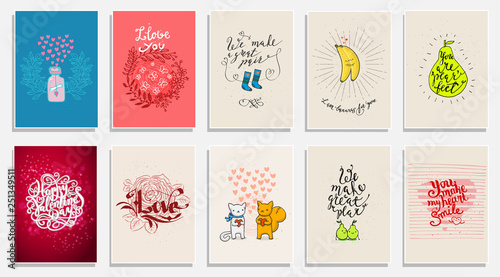 Funny phrases about love. Hand drawn Valentines Day card with funny pear, animals, bananas and hand written note.