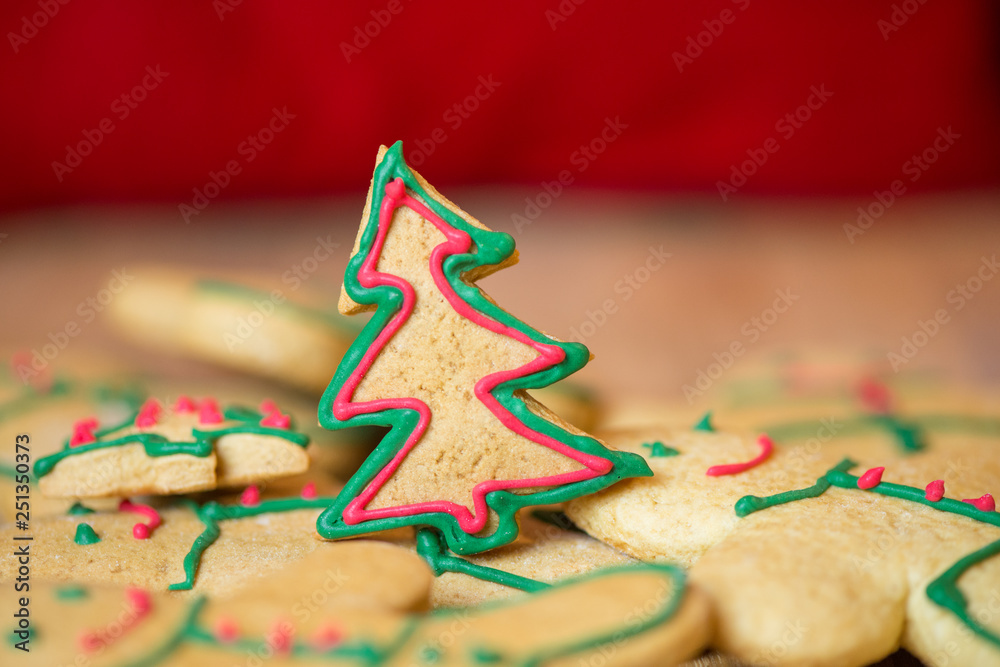 Gingerbread and christmas cookies. Set of seasonal christmas gingerbread biscuits in the form of man and christmas fir tree