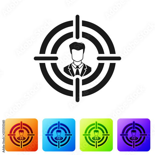 Black Head hunting concept icon isolated on white background. Business target or Employment sign. Human resource and recruitment for business. Set icon in color square buttons. Vector Illustration