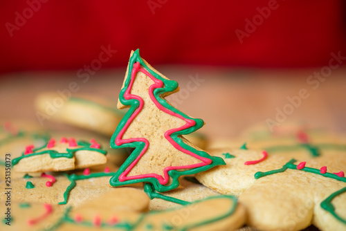 Gingerbread and christmas cookies. Set of seasonal christmas gingerbread biscuits in the form of man and christmas fir tree